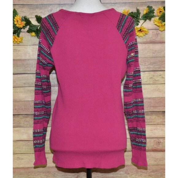 VOCAL Women's M Embellished Cross Waffle Knit Long Sleeve Thermal Biker Top - Picture 9 of 12